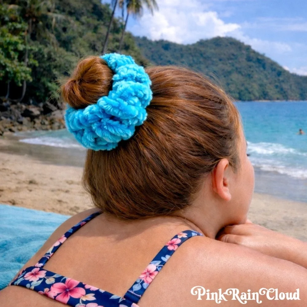 Handmade Crochet VELVET Ice Blue Large Hair Scrunchie Ice Princess PinkRainCloud